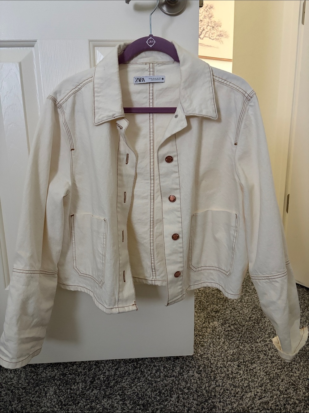 Zara Cream Cotton Button-Front Jean Jacket with Contrast Stitching